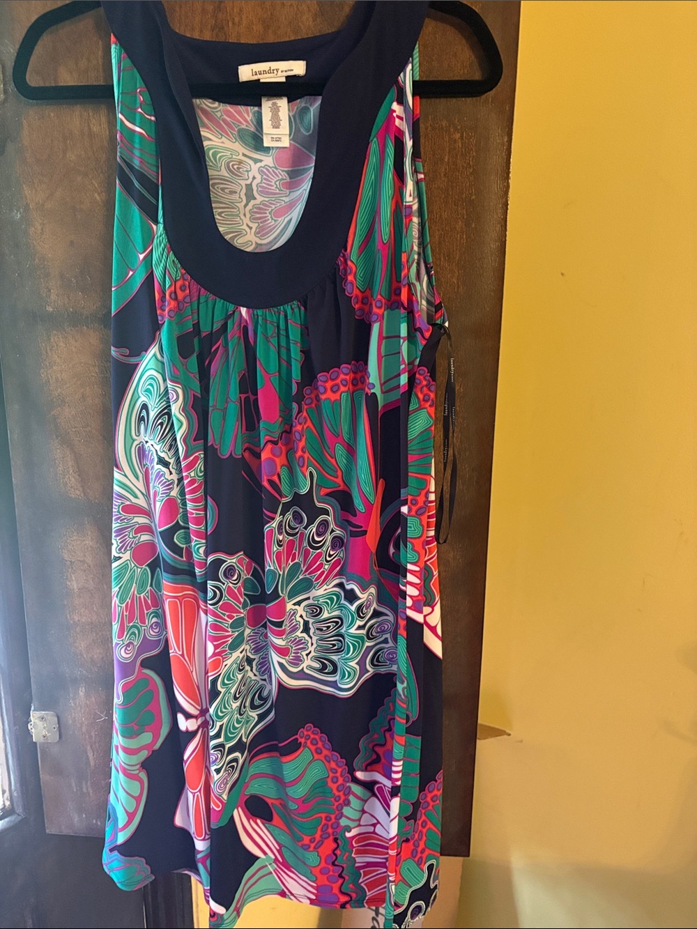 Laundry By Shelli Segal Navy Floral-Print Midi Dress with Teal & Pink Accents